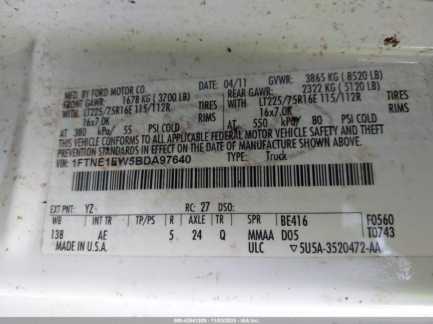2011 Ford E-150 Commercial VIN: 1FTNE1EW5BDA97640 Lot: 43541309