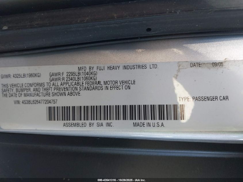 2007 Subaru Legacy 2.5I Limited VIN: 4S3BL626477204757 Lot: 43541316