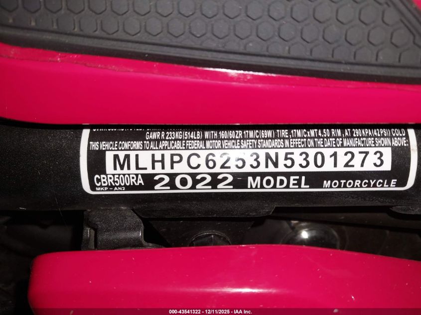 2022 Honda Cbr500 Ra VIN: MLHPC6253N5301273 Lot: 43541322