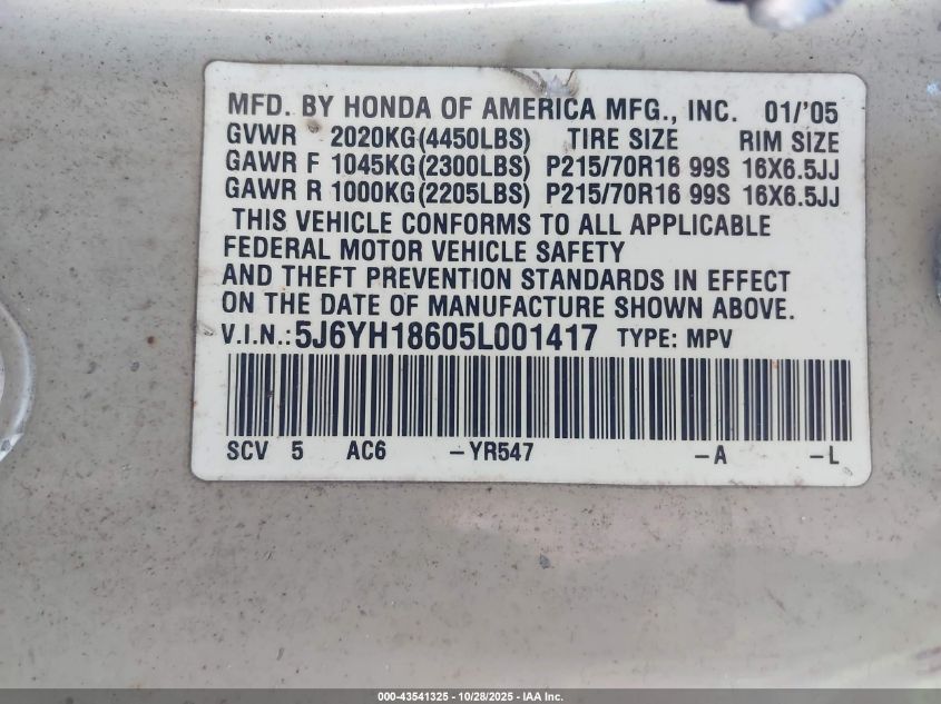 2005 Honda Element Ex VIN: 5J6YH18605L001417 Lot: 43541325