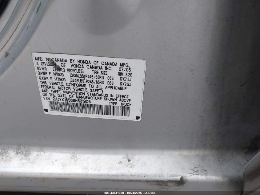 2006 Honda Ridgeline Rtl VIN: 2HJYK16566H531905 Lot: 43541360