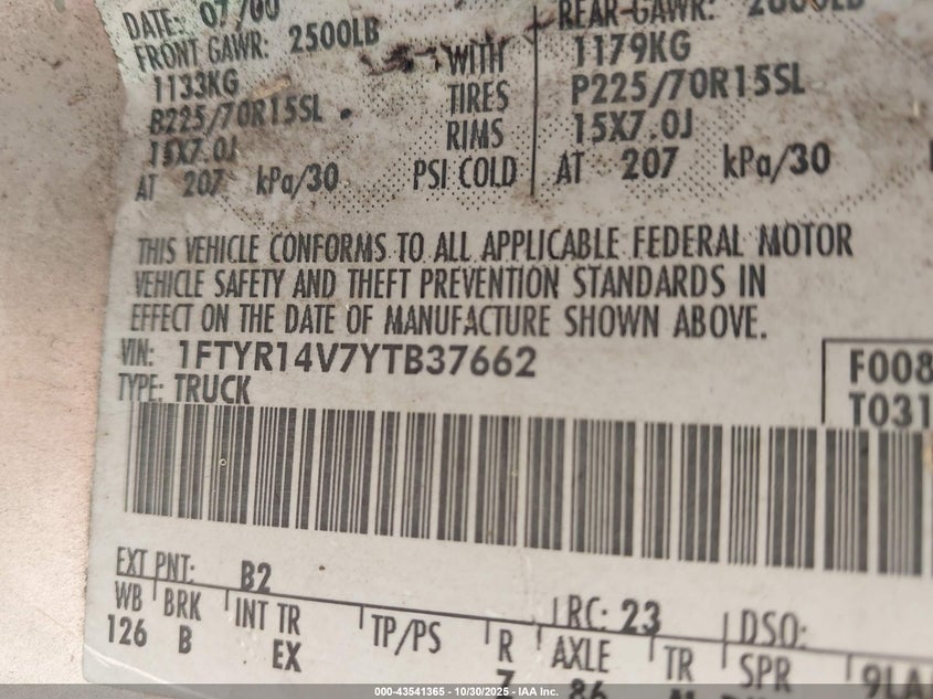 2000 Ford Ranger Xl/Xlt VIN: 1FTYR14V7YTB37662 Lot: 43541365