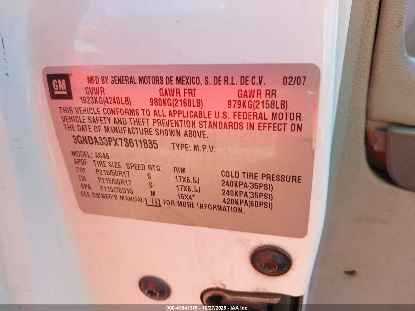 2007 Chevrolet Hhr Lt VIN: 3GNDA33PX7S611835 Lot: 43541386