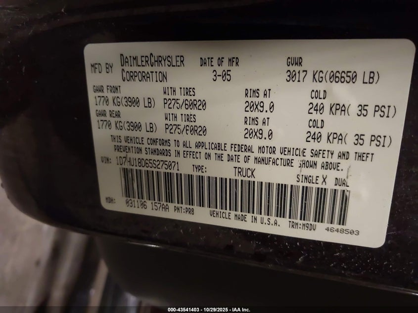 2005 Dodge Ram 1500 Slt/Laramie VIN: 1D7HU18D65S275071 Lot: 43541403