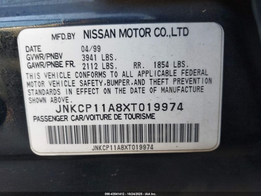 1999 Infiniti G20 Standard/Touring VIN: JNKCP11A8XT019974 Lot: 43541412