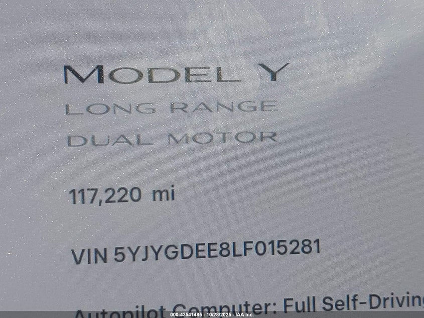 2020 Tesla Model Y Long Range Dual Motor All-Wheel Drive VIN: 5YJYGDEE8LF015281 Lot: 43541485