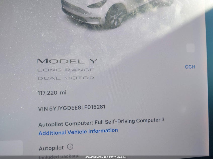 2020 Tesla Model Y Long Range Dual Motor All-Wheel Drive VIN: 5YJYGDEE8LF015281 Lot: 43541485