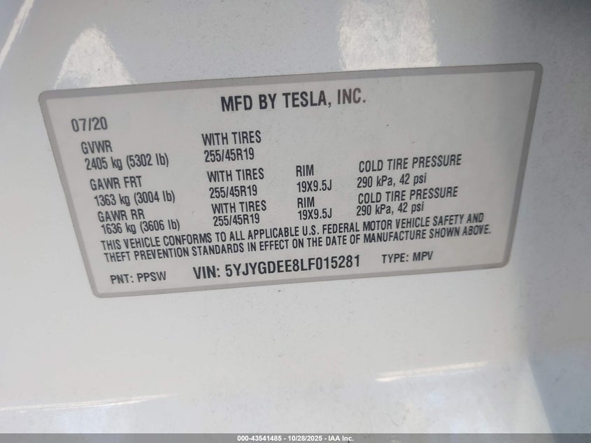 2020 Tesla Model Y Long Range Dual Motor All-Wheel Drive VIN: 5YJYGDEE8LF015281 Lot: 43541485