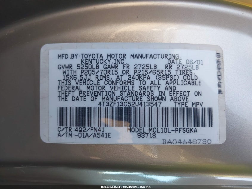 2002 Toyota Sienna Le VIN: 4T3ZF13C52U413547 Lot: 43541504