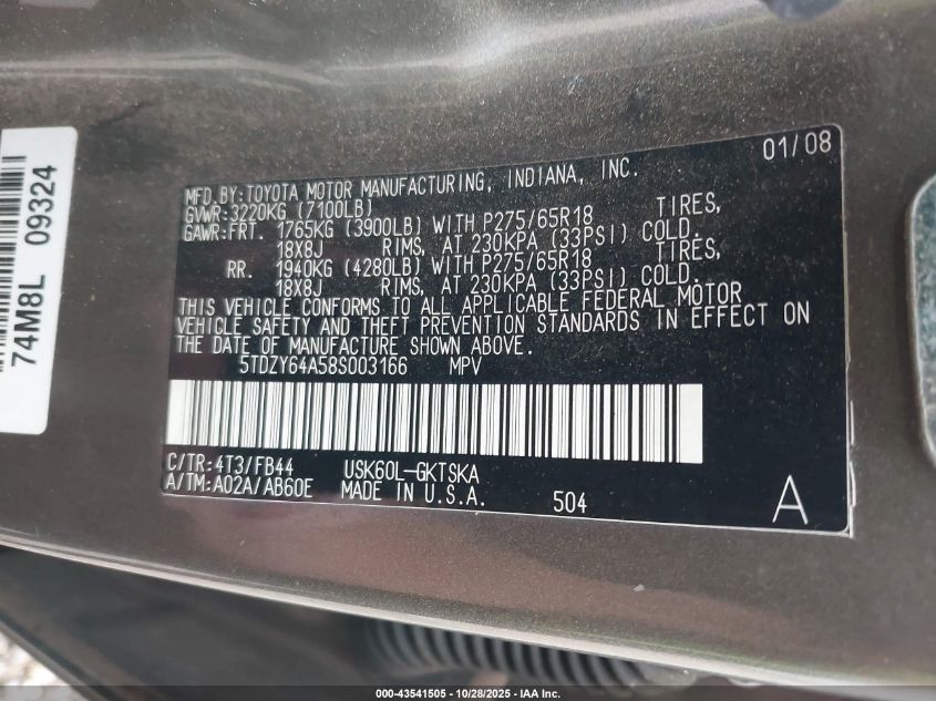 2008 Toyota Sequoia Sr5 5.7L V8 VIN: 5TDZY64A58S003166 Lot: 43541505