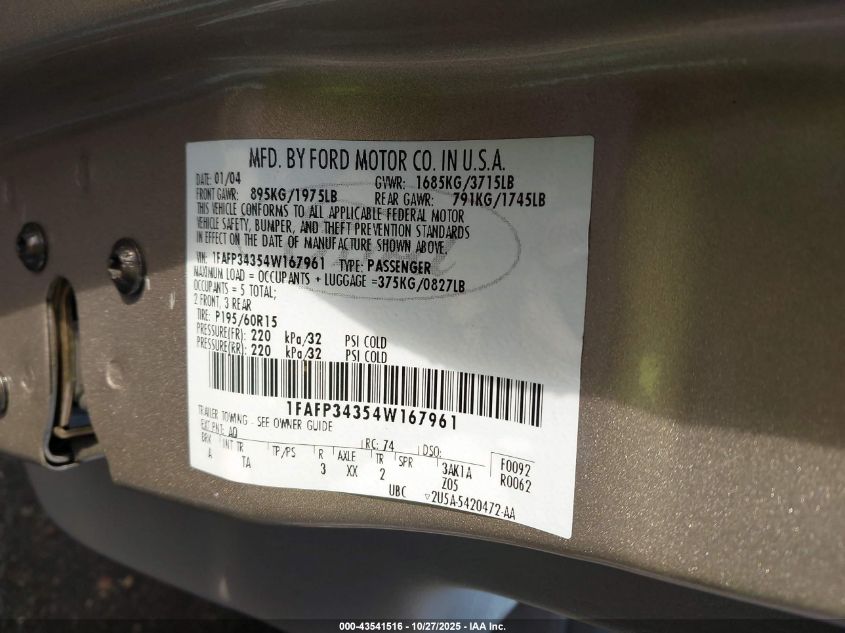 2004 Ford Focus Se VIN: 1FAFP34354W167961 Lot: 43541516