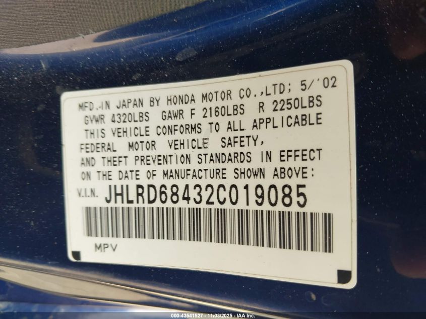 2002 Honda Cr-V Lx VIN: JHLRD68432C019085 Lot: 43541527
