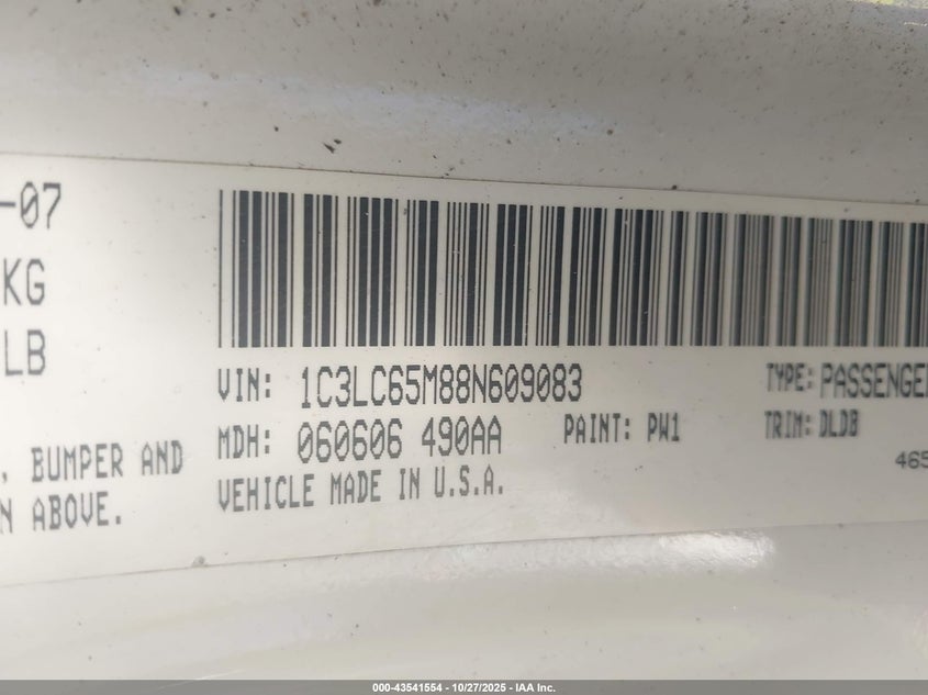 2008 Chrysler Sebring Limited VIN: 1C3LC65M88N609083 Lot: 43541554