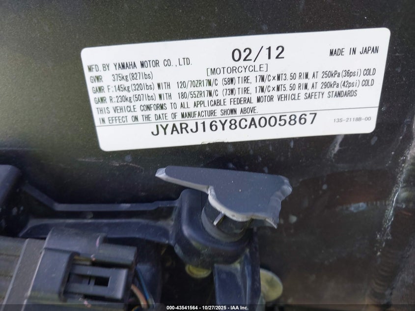 2012 Yamaha Yzfr6 C VIN: JYARJ16Y8CA005867 Lot: 43541564