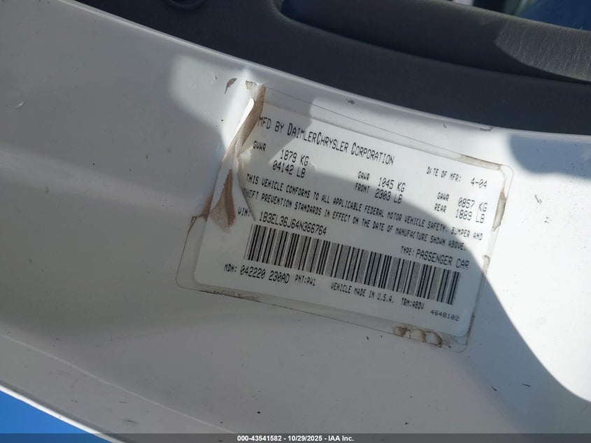 2004 Dodge Stratus Se VIN: 1B3EL36J64N366764 Lot: 43541582