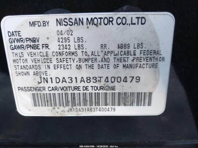 2003 Nissan Maxima Gle VIN: JN1DA31A83T400479 Lot: 43541599