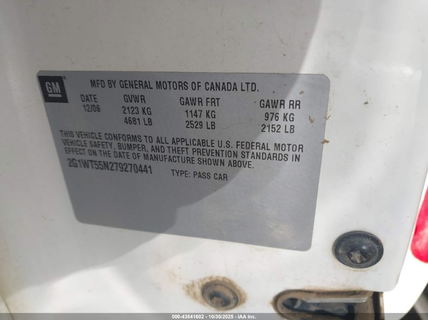 2007 Chevrolet Impala Lt VIN: 2G1WT55N279270441 Lot: 43541602