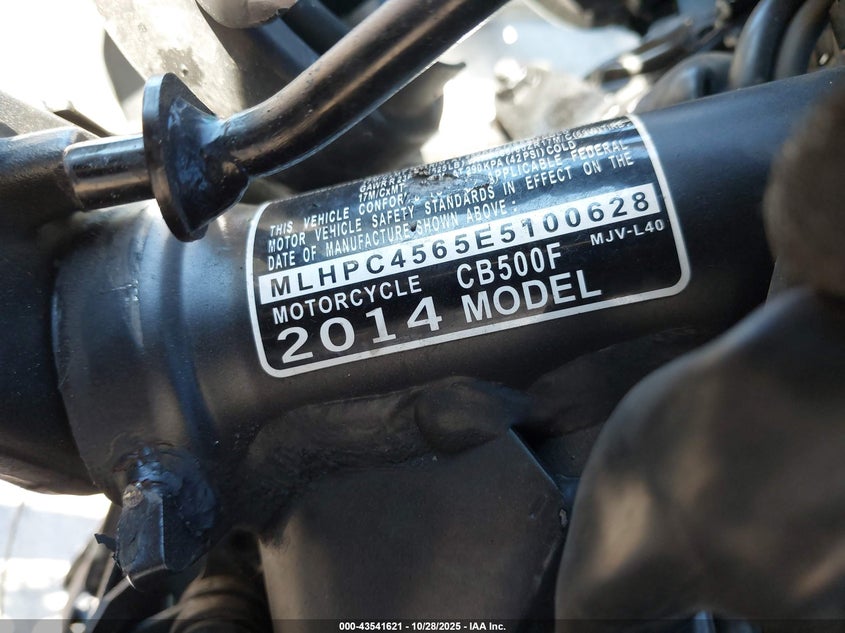 2014 Honda Cb500 F VIN: MLHPC4565E5100628 Lot: 43541621