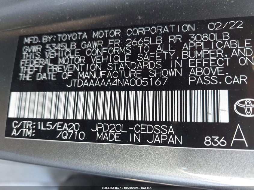 2022 Toyota Mirai Xle VIN: JTDAAAAA4NA005167 Lot: 43541627