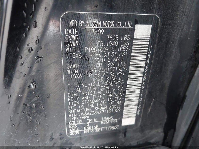 2009 Nissan Cube 1.8 VIN: JN8AZ28RX9T101359 Lot: 43541635