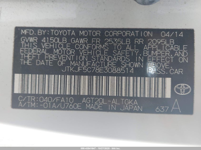 JTKJF5C78E3088514 2014 SCION TC photo no. 9
