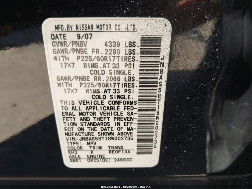 2008 Nissan Rogue Sl VIN: JN8AS58T18W002735 Lot: 43541661