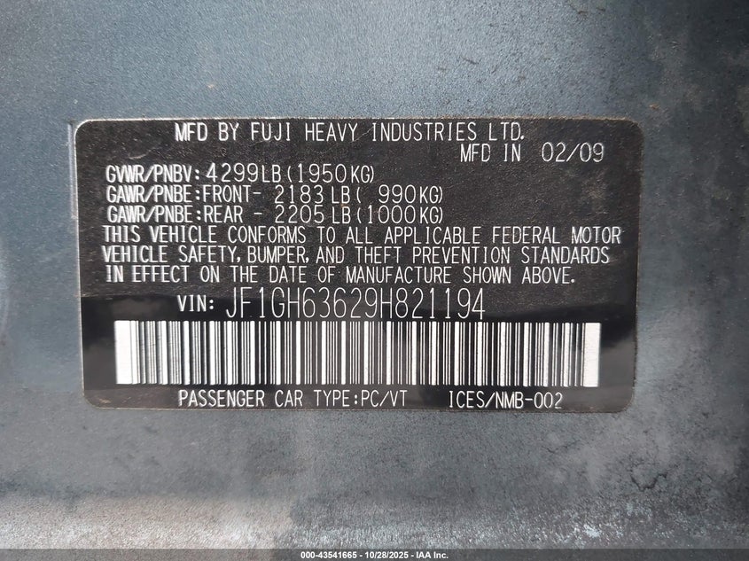 2009 Subaru Impreza Outback Sport VIN: JF1GH63629H821194 Lot: 43541665