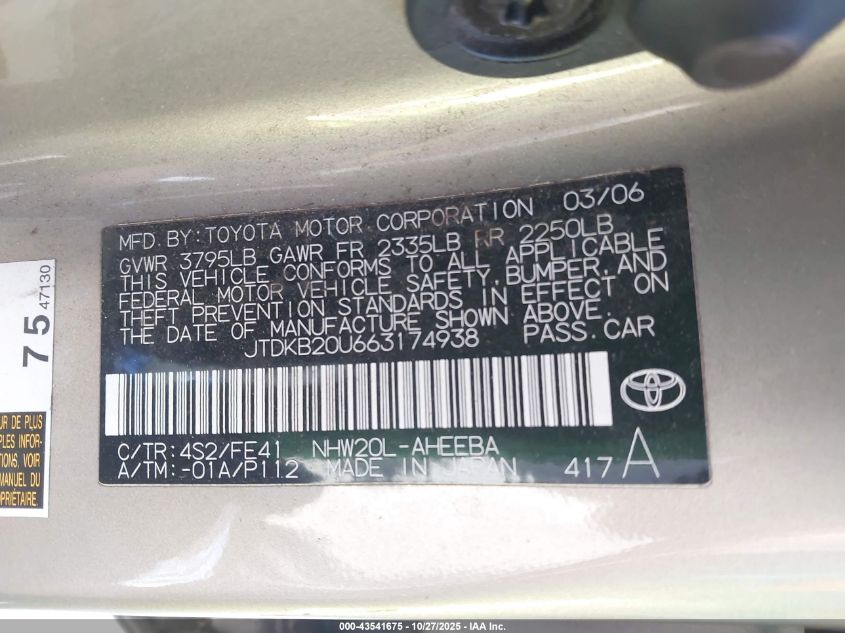 2006 Toyota Prius VIN: JTDKB20U663174938 Lot: 43541675