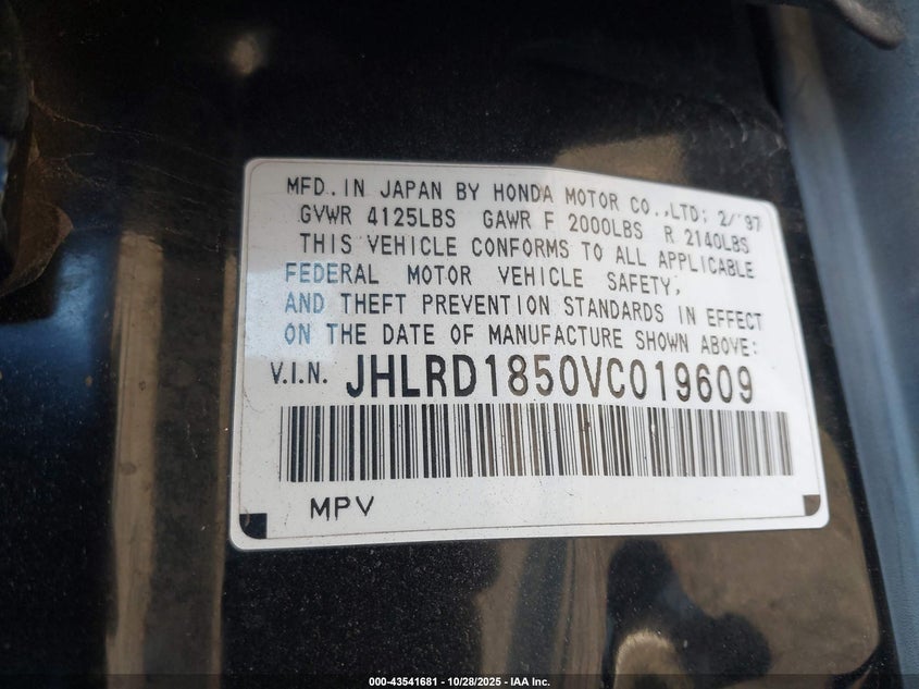 1997 Honda Cr-V VIN: JHLRD1850VC019609 Lot: 43541681