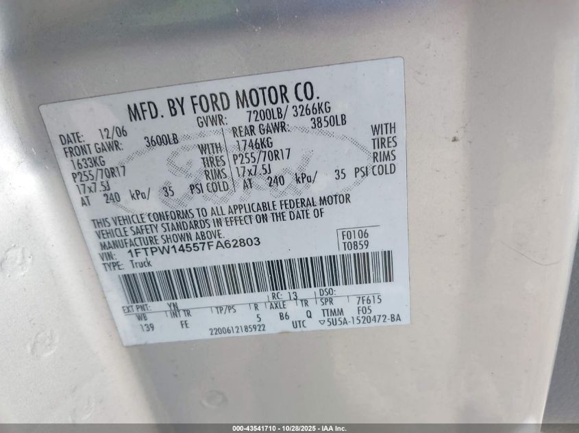 2007 Ford F-150 Fx4/Lariat/Xlt VIN: 1FTPW14557FA62803 Lot: 43541710