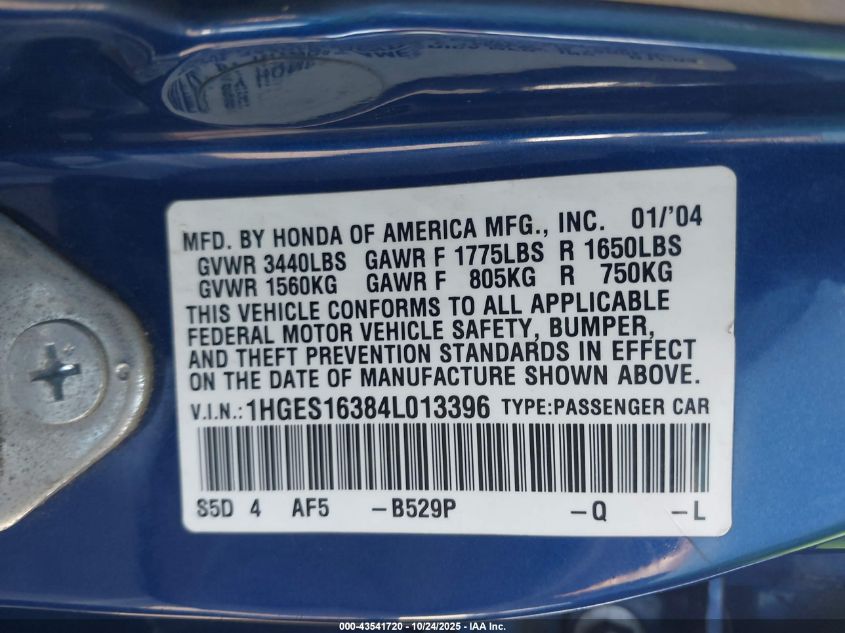 2004 Honda Civic Vp VIN: 1HGES16384L013396 Lot: 43541720