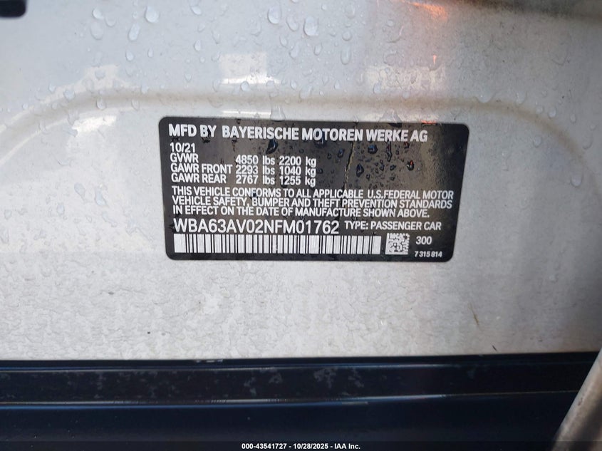 2022 BMW 430I Gran Coupe VIN: WBA63AV02NFM01762 Lot: 43541727