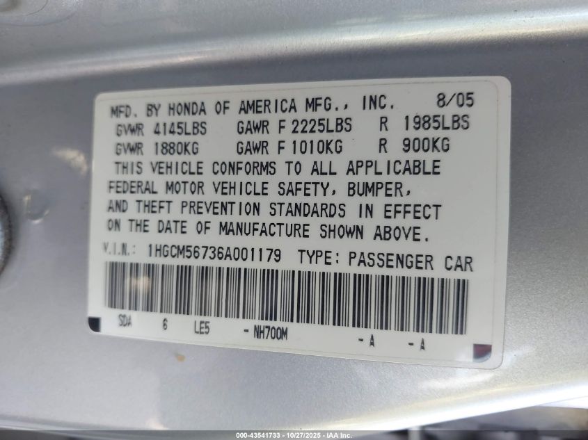 2006 Honda Accord 2.4 Ex VIN: 1HGCM56736A001179 Lot: 43541733