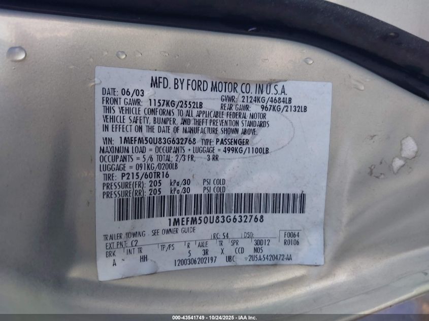 2003 Mercury Sable Gs VIN: 1MEFM50U83G632768 Lot: 43541749