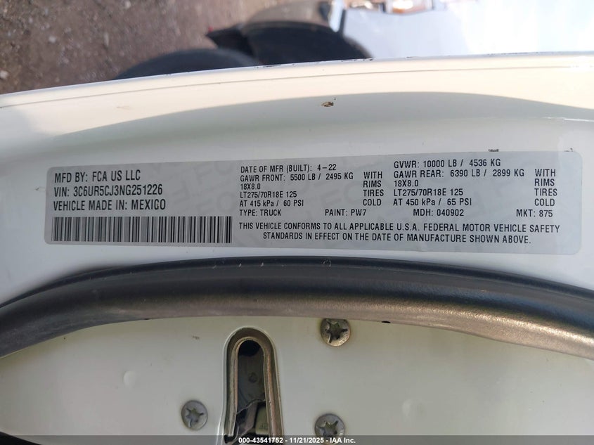 2022 Ram 2500 Tradesman 4X4 6'4 Box VIN: 3C6UR5CJ3NG251226 Lot: 43541752