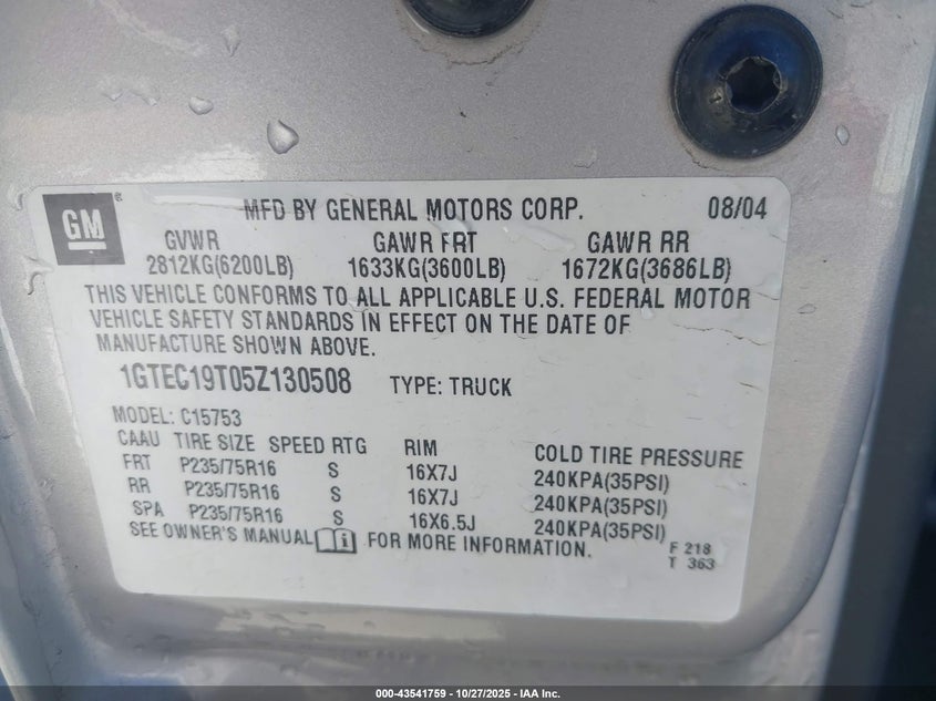 2005 GMC Sierra 1500 Sle VIN: 1GTEC19T05Z130508 Lot: 43541759