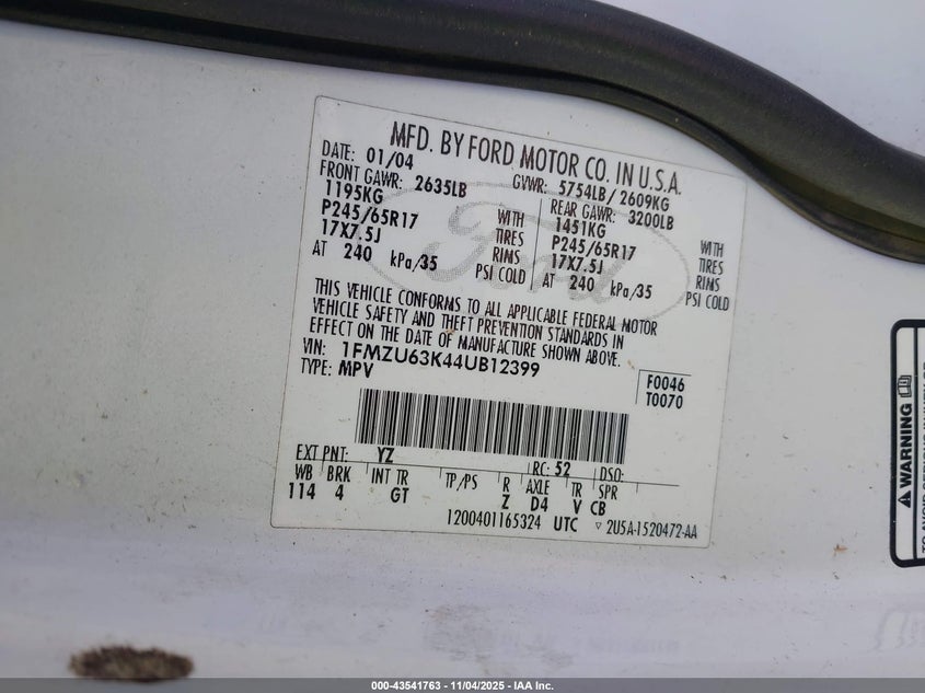 2004 Ford Explorer Xlt VIN: 1FMZU63K44UB12399 Lot: 43541763