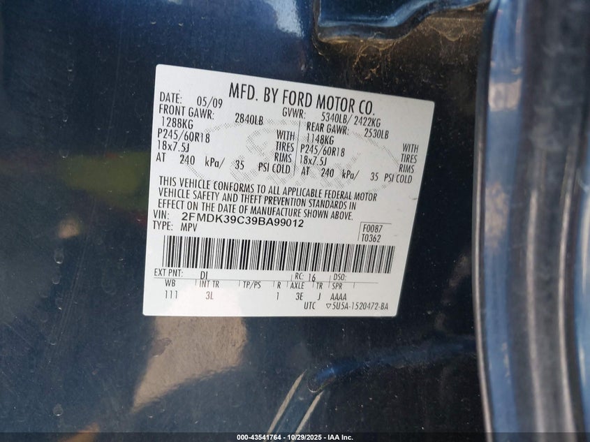 2009 Ford Edge Limited VIN: 2FMDK39C39BA99012 Lot: 43541764