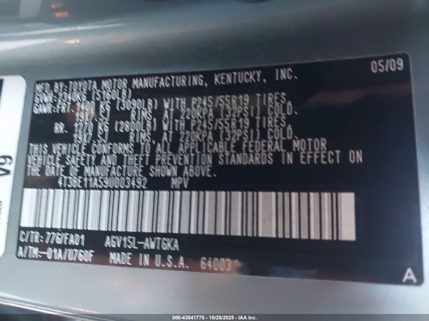 2009 Toyota Venza VIN: 4T3BE11A59U003492 Lot: 43541775