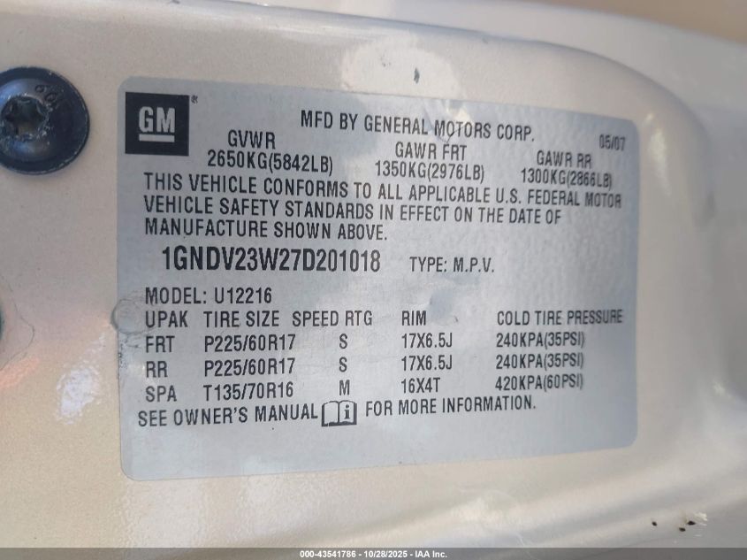 2007 Chevrolet Uplander Ls VIN: 1GNDV23W27D201018 Lot: 43541786