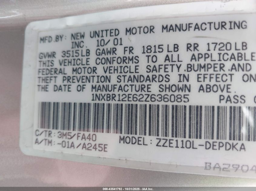 2002 Toyota Corolla Le VIN: 1NXBR12E62Z636085 Lot: 43541792