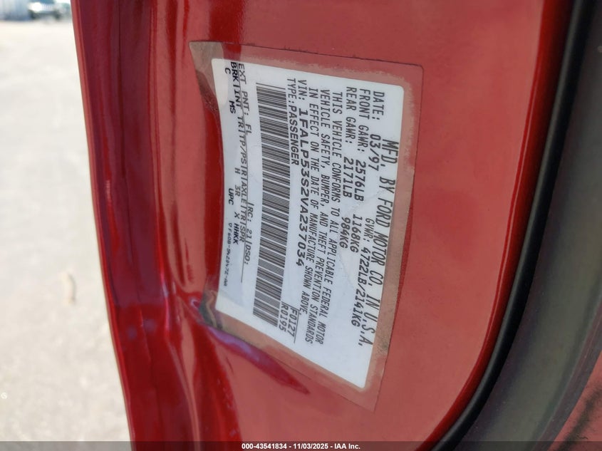 1997 Ford Taurus Lx VIN: 1FALP53S2VA237034 Lot: 43541834