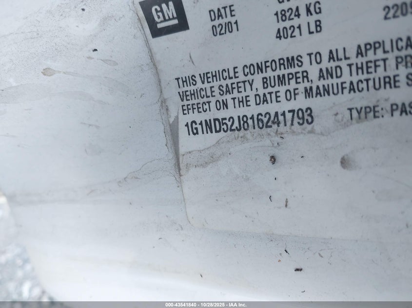 2001 Chevrolet Malibu VIN: 1G1ND52J816241793 Lot: 43541840