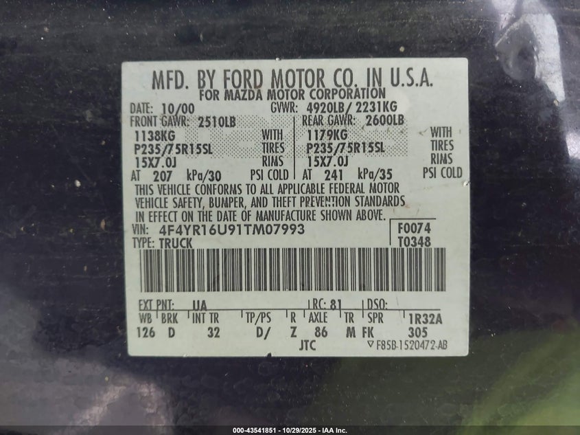 2001 Mazda B3000 Ds/Se VIN: 4F4YR16U91TM07993 Lot: 43541851