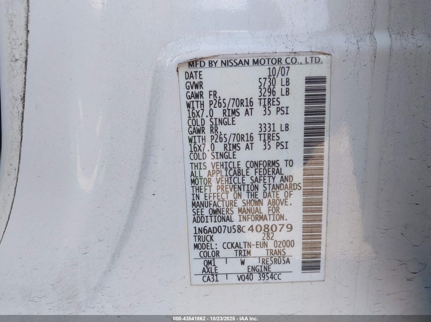 2008 Nissan Frontier Se VIN: 1N6AD07U58C408079 Lot: 43541862