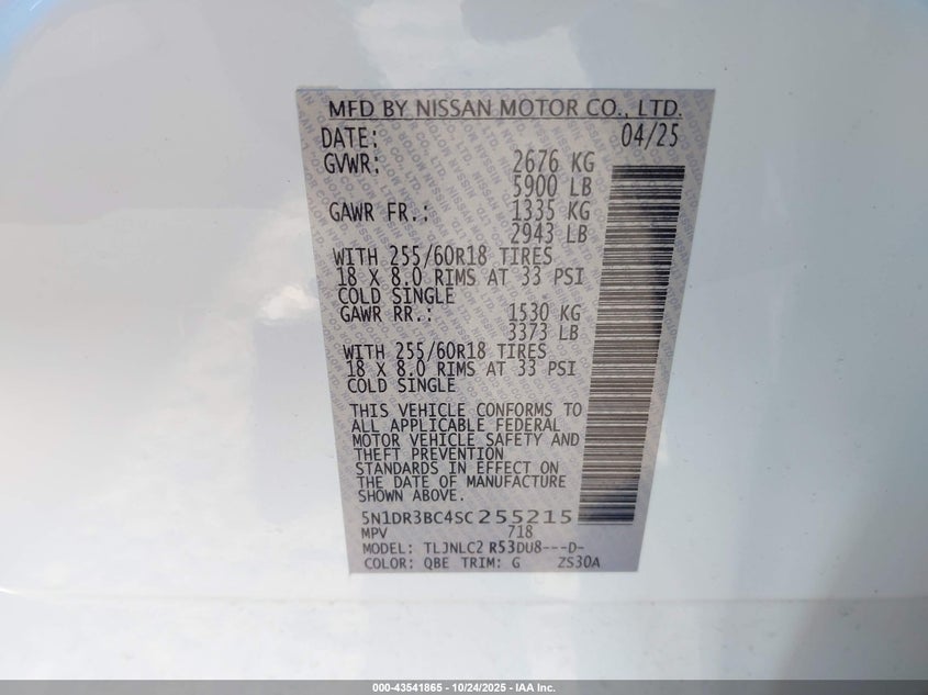 2025 NISSAN PATHFINDER SV 4WD 5N1DR3BC4SC255215