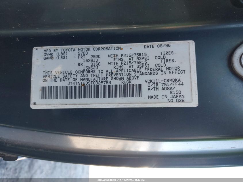 1996 Toyota T100 Xtracab VIN: JT4TN12D9T0025763 Lot: 43541893