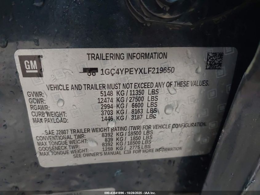 2020 Chevrolet Silverado 2500Hd 4Wd Standard Bed Ltz VIN: 1GC4YPEYXLF219650 Lot: 43541896