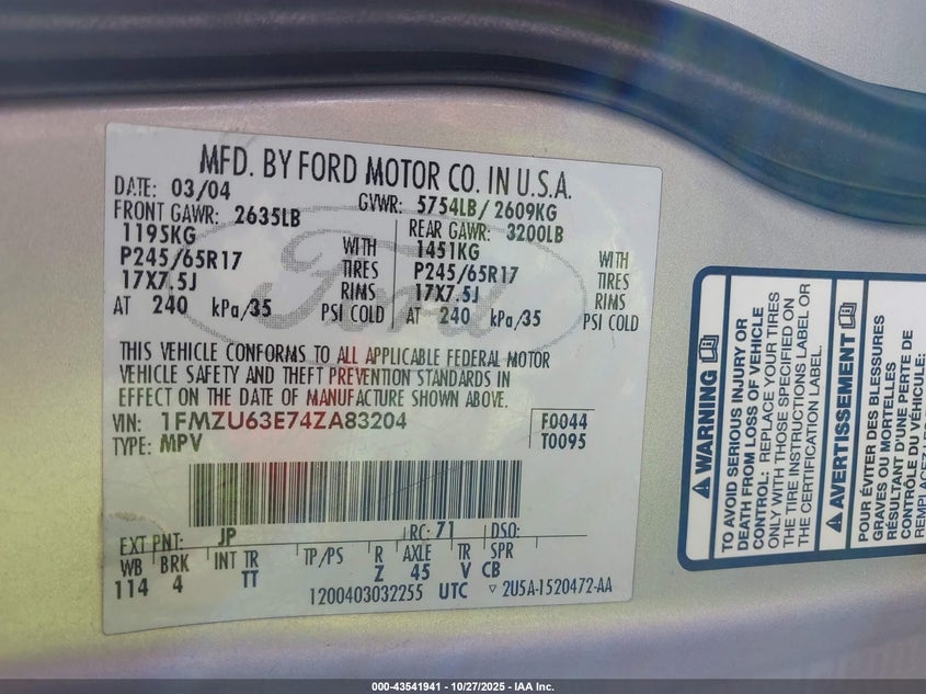 2004 Ford Explorer Xlt VIN: 1FMZU63E74ZA83204 Lot: 43541941