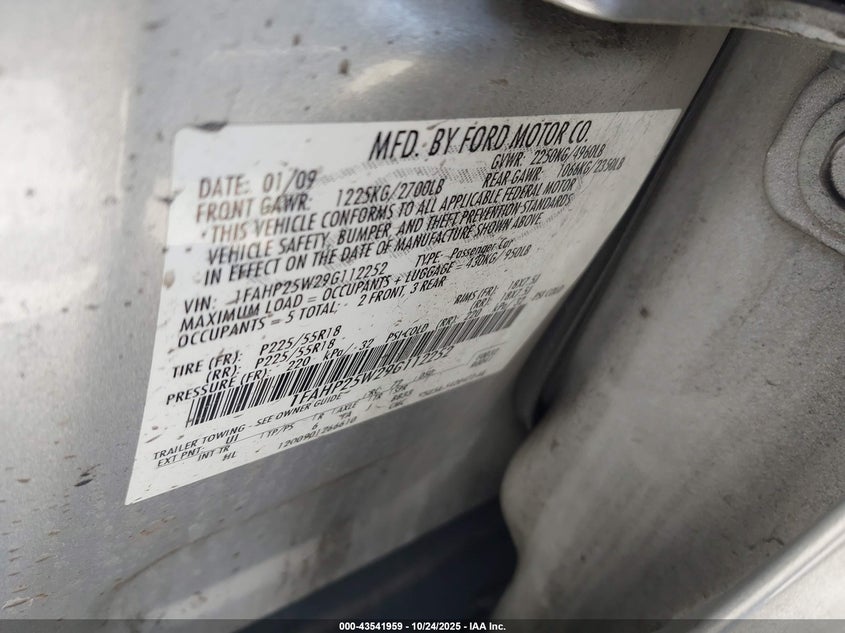 2009 Ford Taurus Limited VIN: 1FAHP25W29G112252 Lot: 43541959